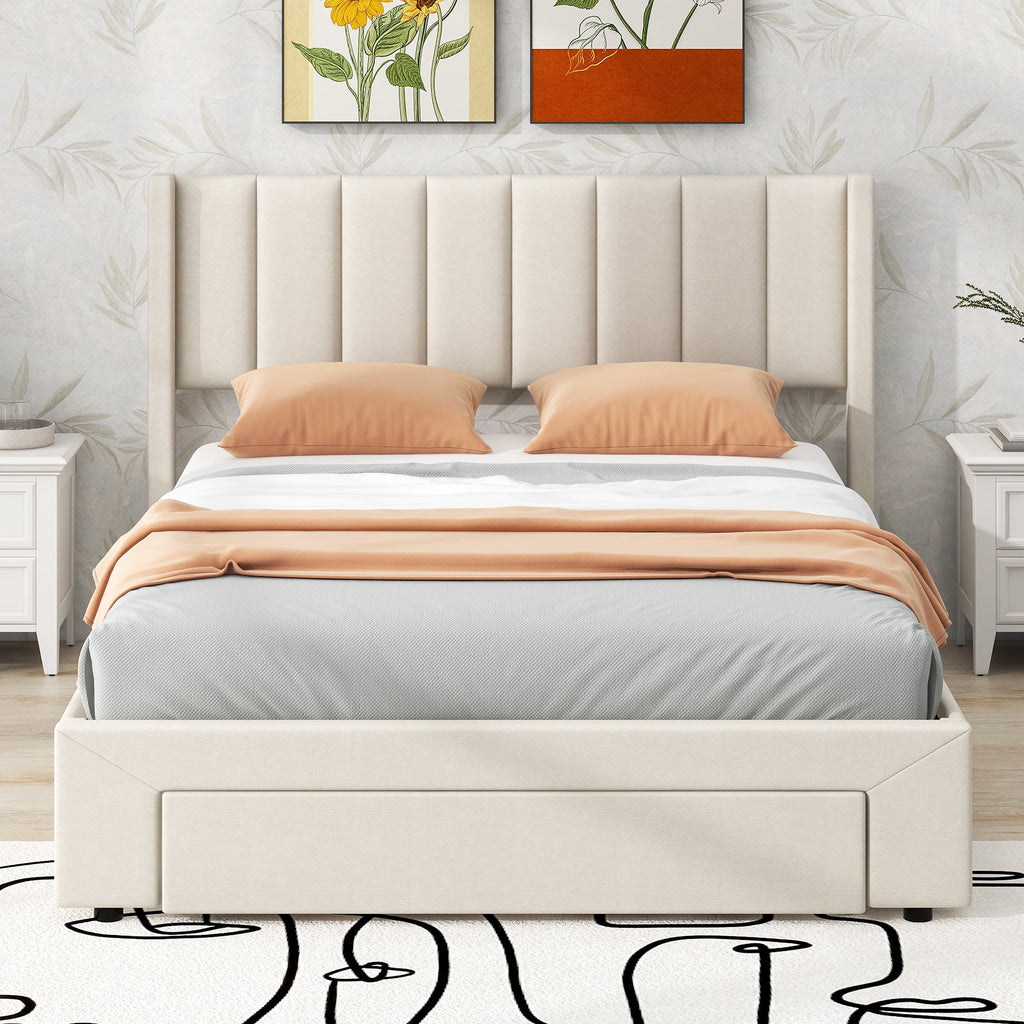 Beige Queen Size Upholstered Platform Bed with 3 Storage Drawers Q850934