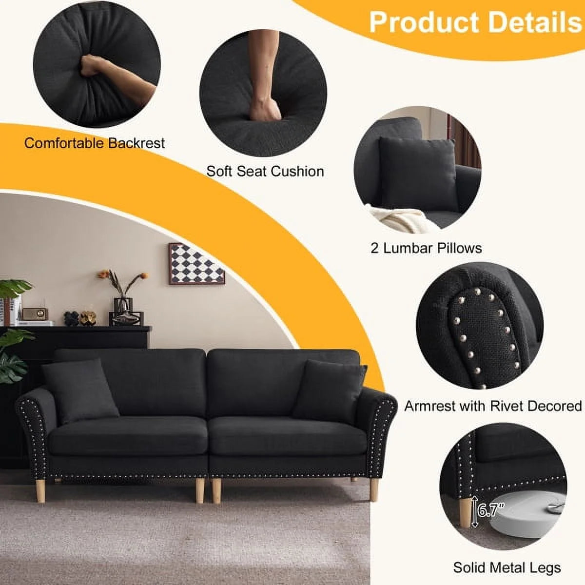 Black Upholstered 2-Seat Sofa with 2 Pillows N262