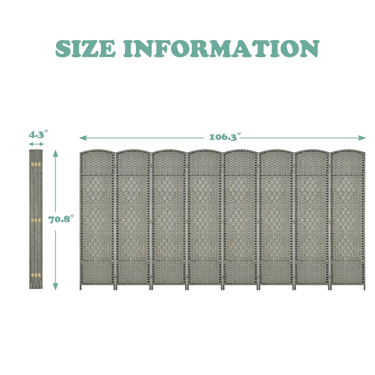 5.7ft Wood Fiber Woven 8 Panels Grey Wood Room Divider O385261