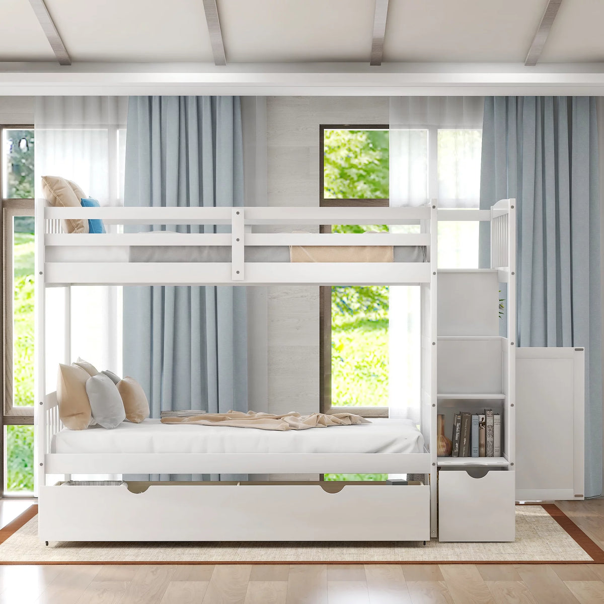 White Twin over Twin Bunk Bed with Drawer and Cabinet G7120