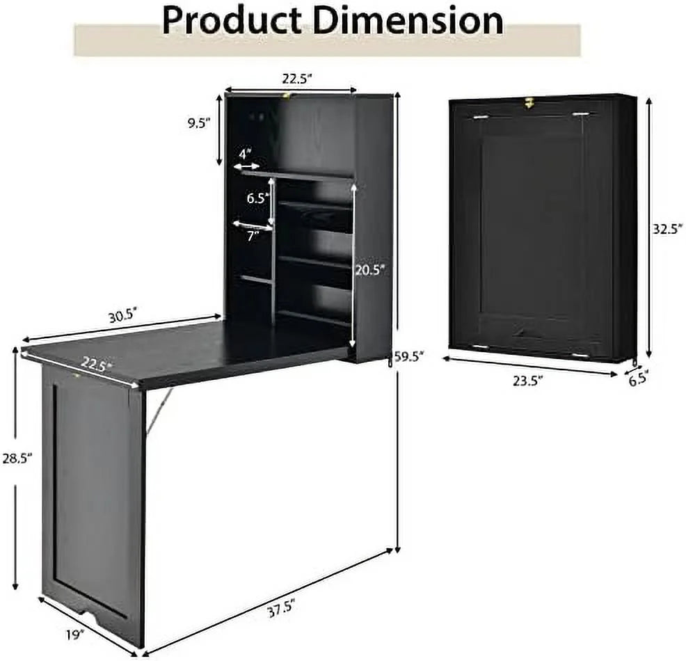 Wall Mounted Foldable Wood Desk with Bookshelf Cabinet Q75291
