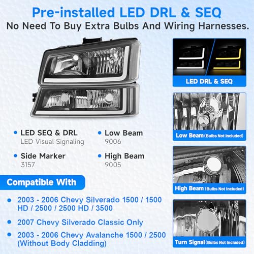 Headlight Assembly with LED DRL Sequential Turn Light Chrome Housing Clear Reflector Z278
