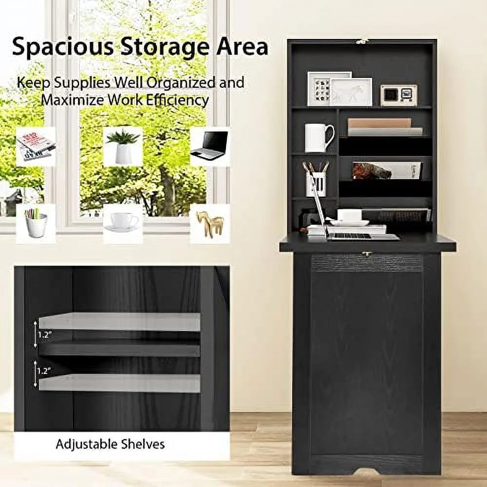 Wall Mounted Foldable Wood Desk with Bookshelf Cabinet Q75291