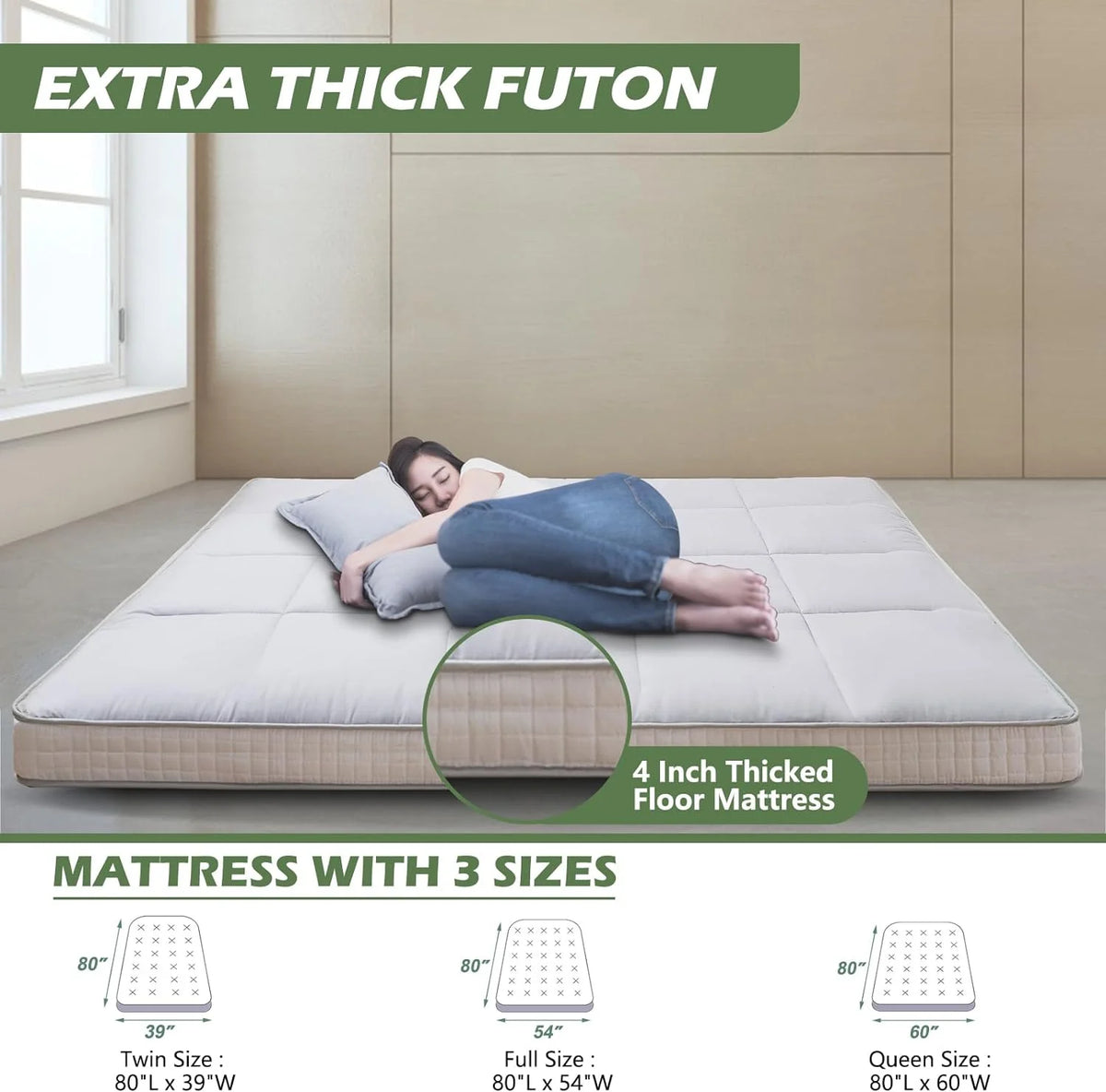 Japanese Floor Futon Mattress, Foldable Roll Up Sleeping Pad K2350
