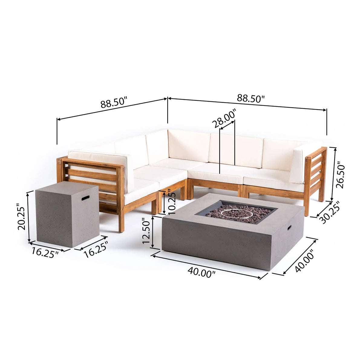 7 Piece Acacia Wood V-Shaped Sectional Sofa Set with Cushions and Fire Pit R6689
