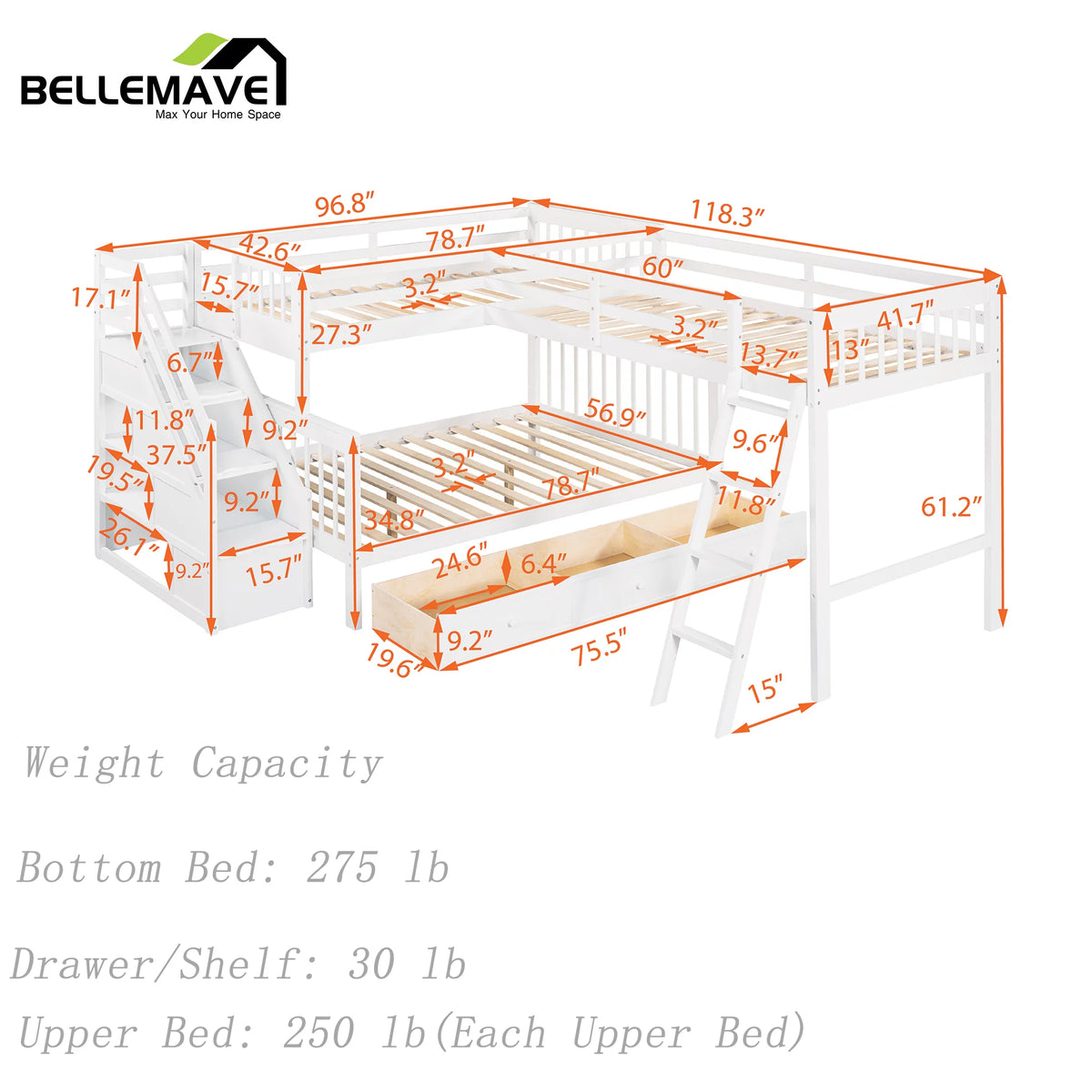 L-Shaped Twin over Full Size Bunk Beds with Storage Stairs and Drawers O4720