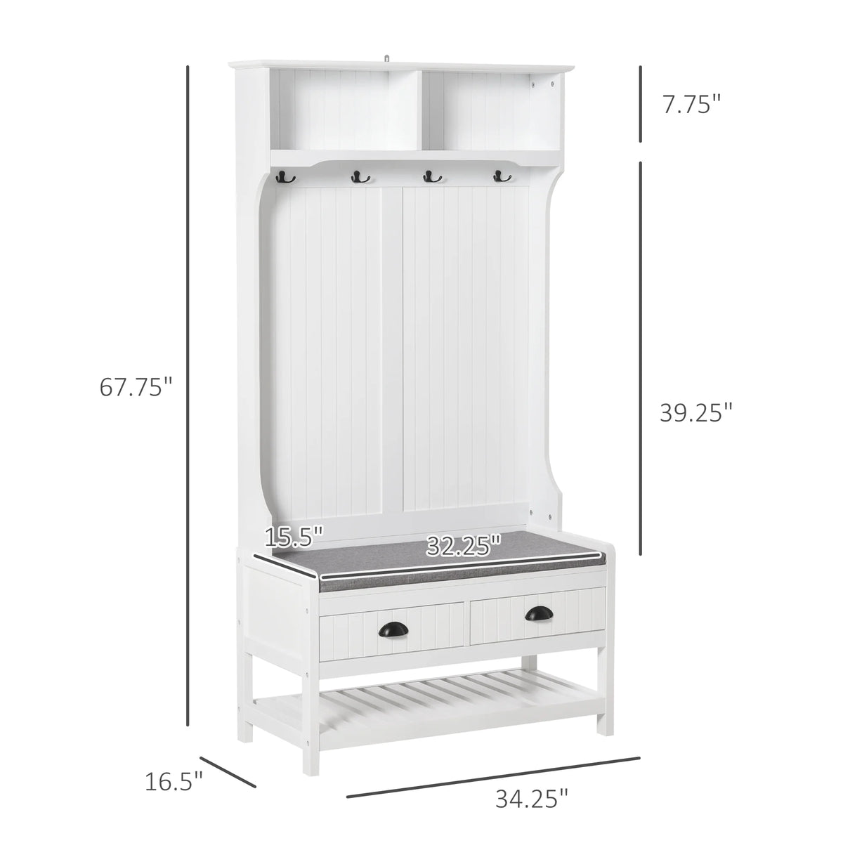 White Coat Rack and Bench with 4 Hooks, 2 Drawers S5589