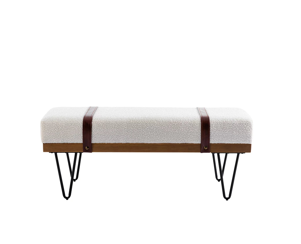 White Faux Fur Upholstered Ottoman Bench with Metal Legs R6535