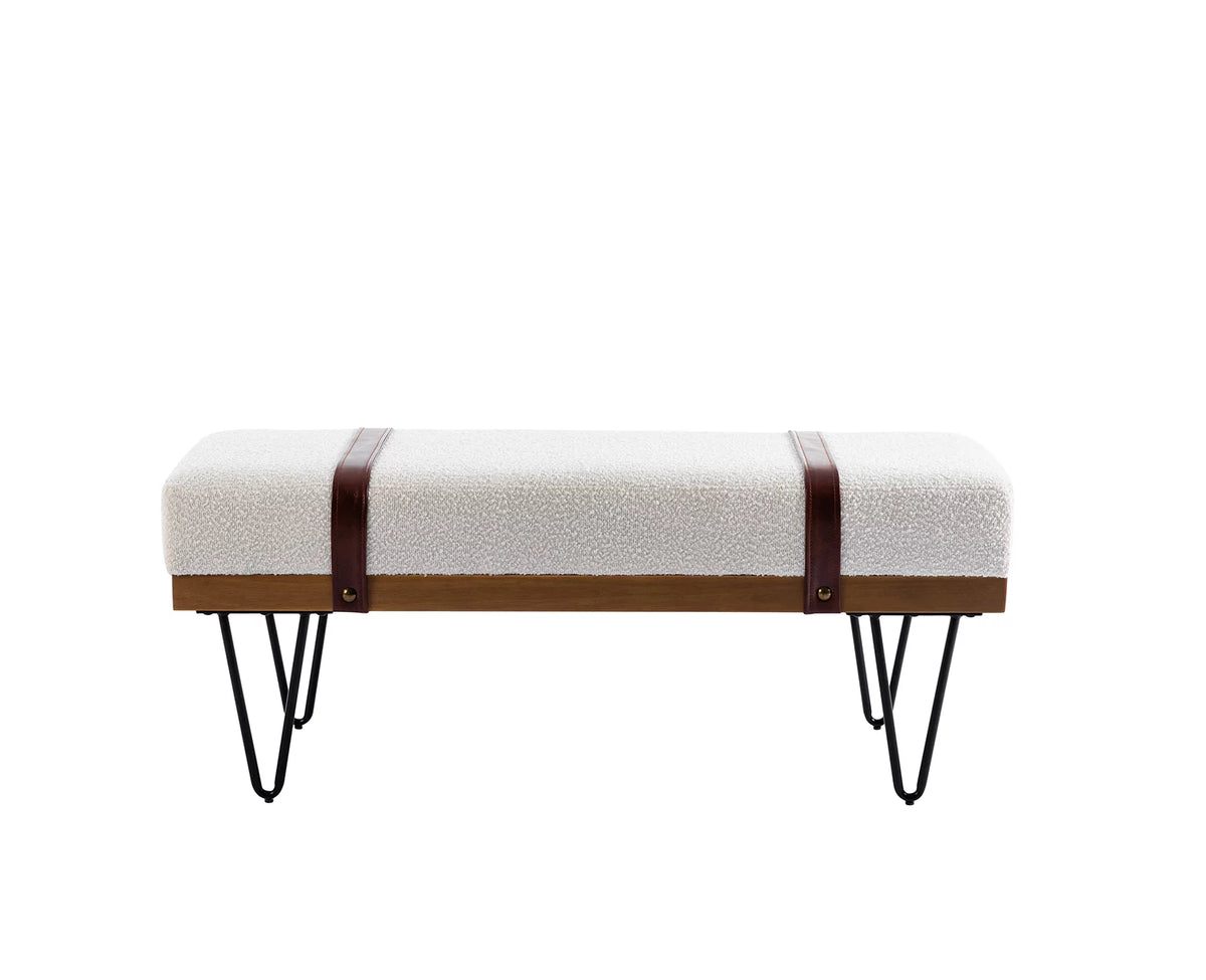 White Faux Fur Upholstered Ottoman Bench with Metal Legs R6535