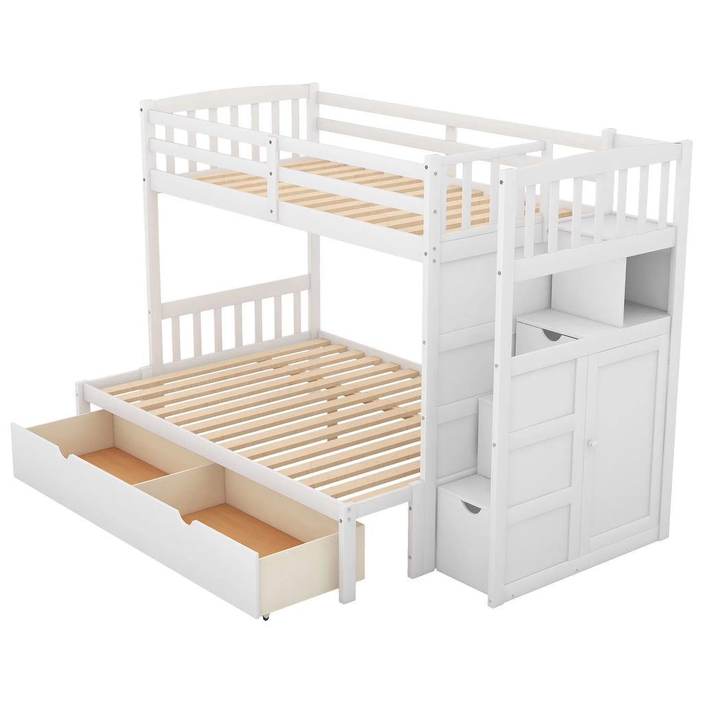 White Twin over Twin Bunk Bed with Drawer and Cabinet G7120
