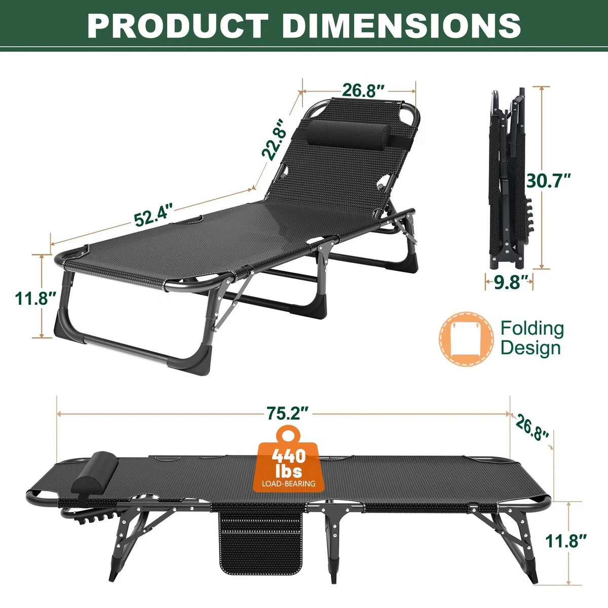 Portable Folding Lounge Chair Adjustable 4-Position with Pillow D739