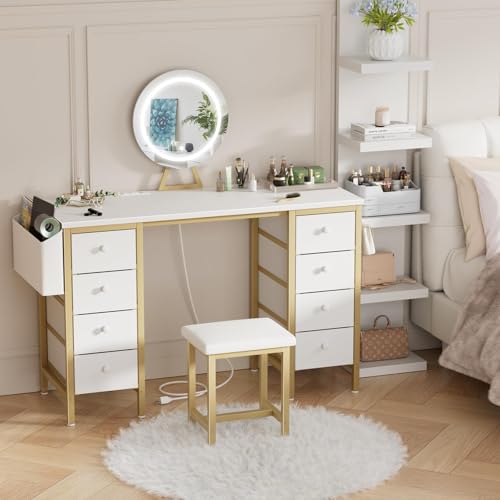 White Vanity Desk with Mirror and Light, Chair, Storage, 8 Fabric Drawers Q8271