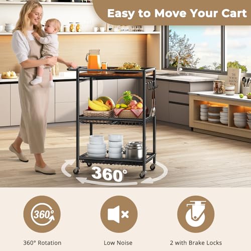 Microwave Kitchen Cart with Push Handle, 3 Tire Rolling Cart with 210Lbs Capacity, Vintage Kitchen Storage Cart with 2 Lockable Wheels E42424