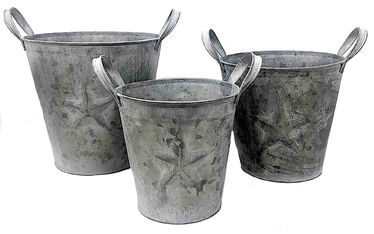 Metal Buckets Planters With Handles Tarnished Silver E35902