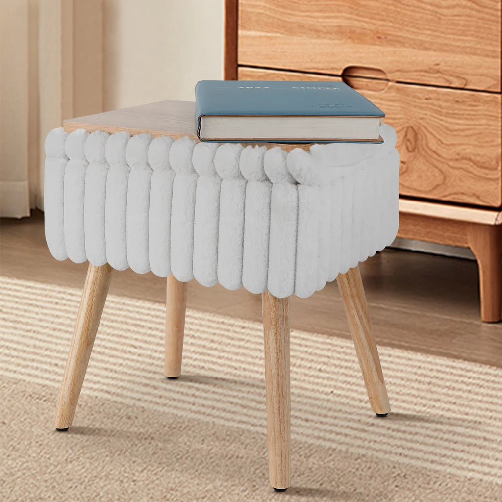 White Storage Ottoman Footstool with 4 Wood Legs X557226