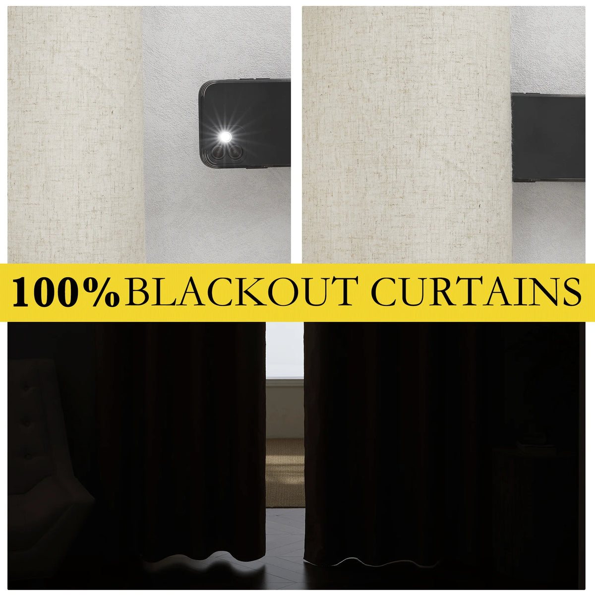 Natural 100% Blackout Linen Kitchen Curtains 63 inch 2 Panels X529