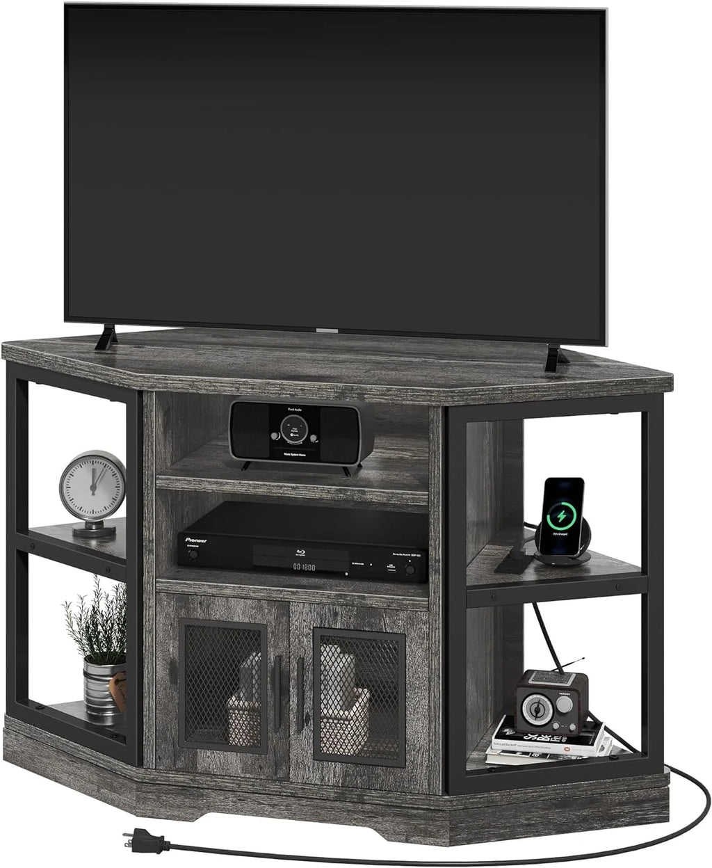 Corner TV Stand up to 55 Inch with Power Outlet, Gray Oak Z283838