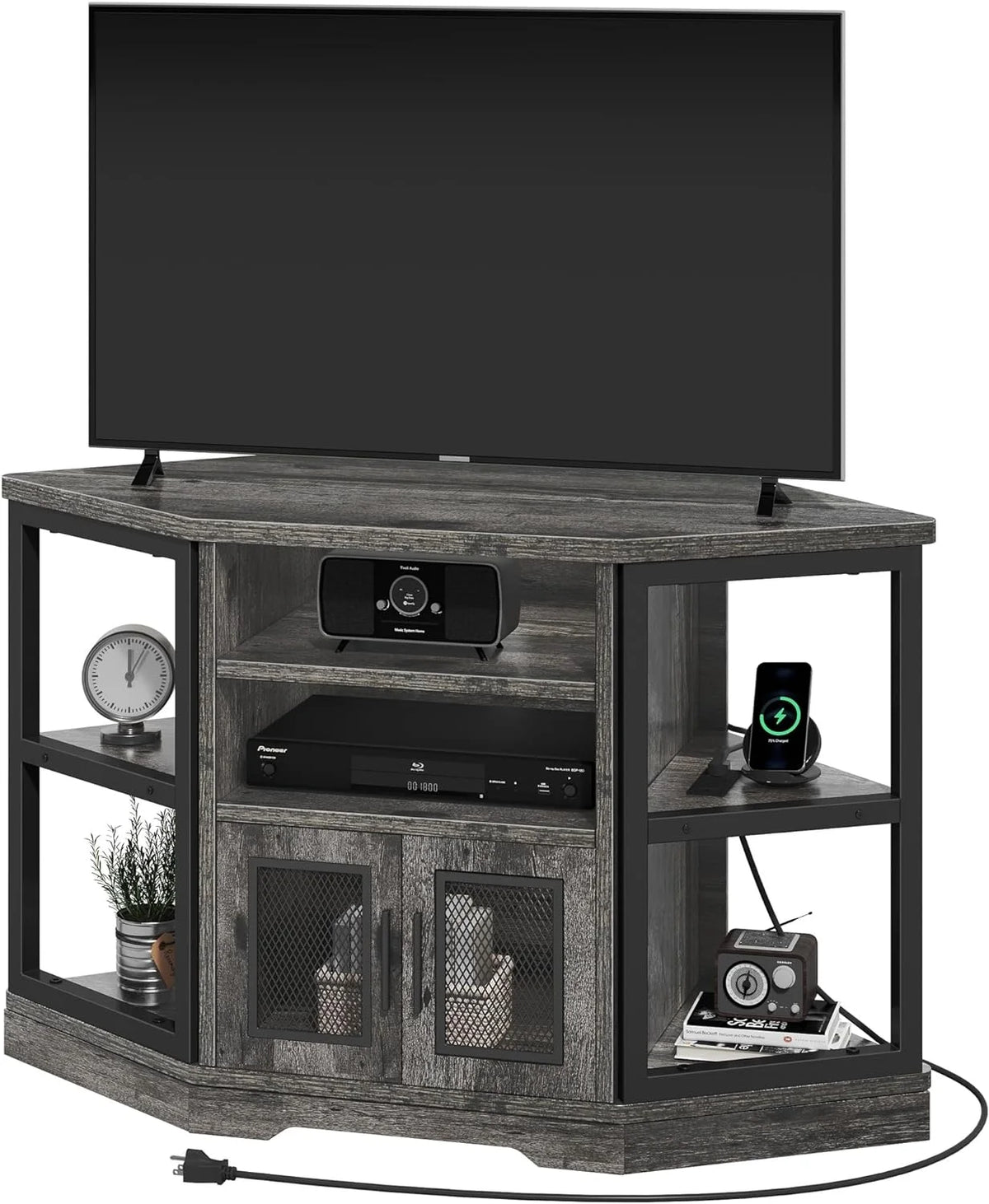 Corner TV Stand up to 55 Inch with Power Outlet, Gray Oak Z283838
