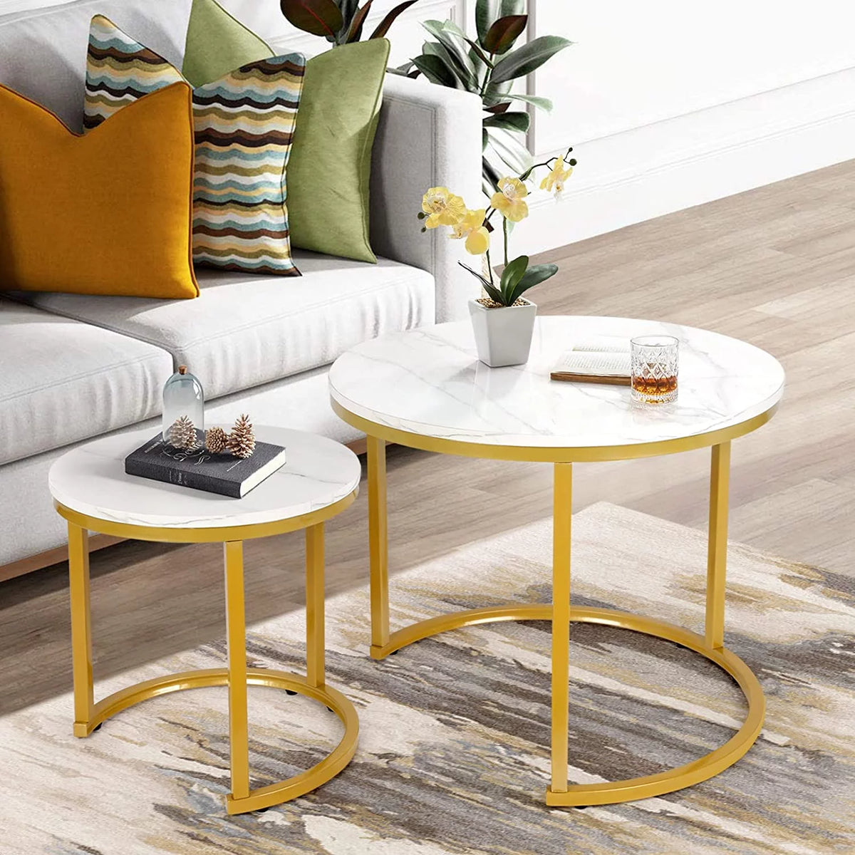 Small Round Coffee Table Set of 2 White Marble T7749