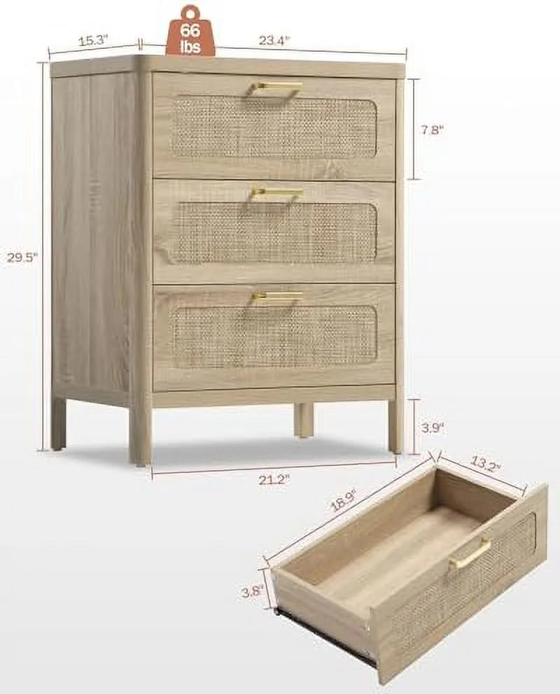 Rattan 3 Drawer Natural Wood Dresser S435