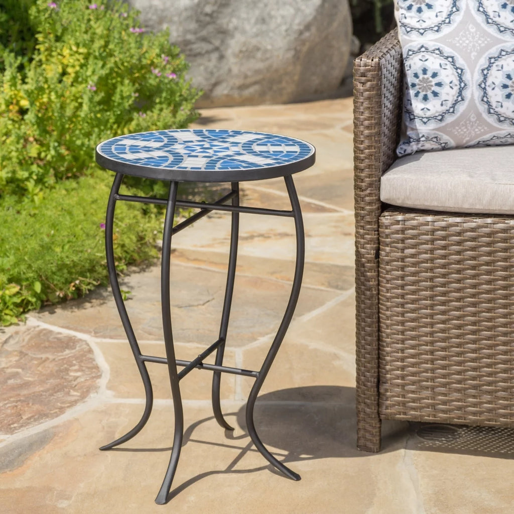 Blue and White Ceramic Tile Iron Frame Side Table E52757