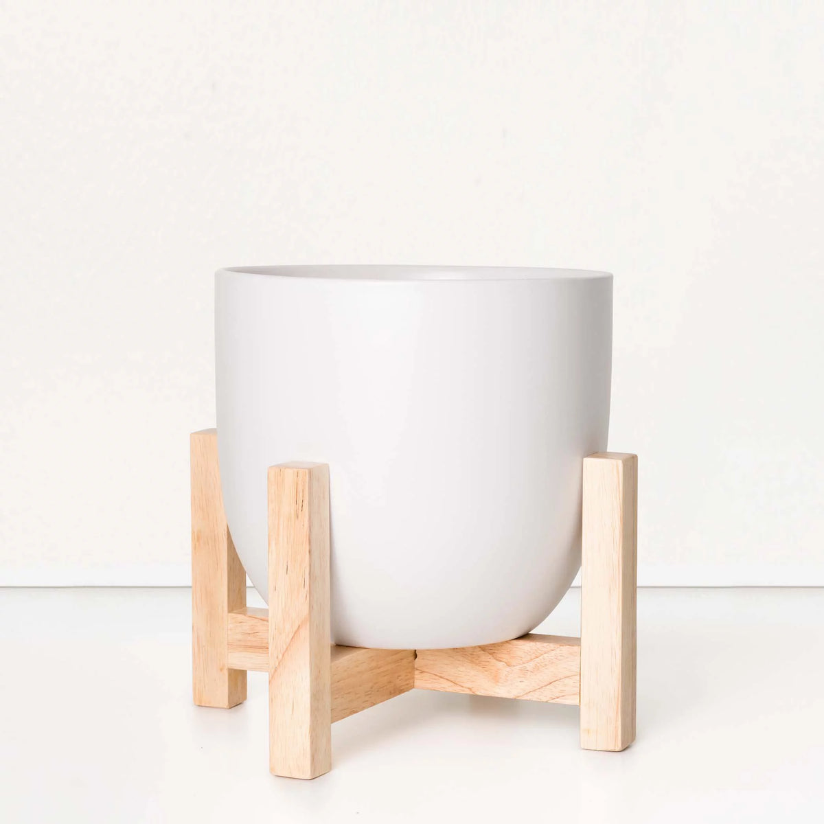 White Ceramic Egg Shaped Indoor Planter with Wood Stand T871750