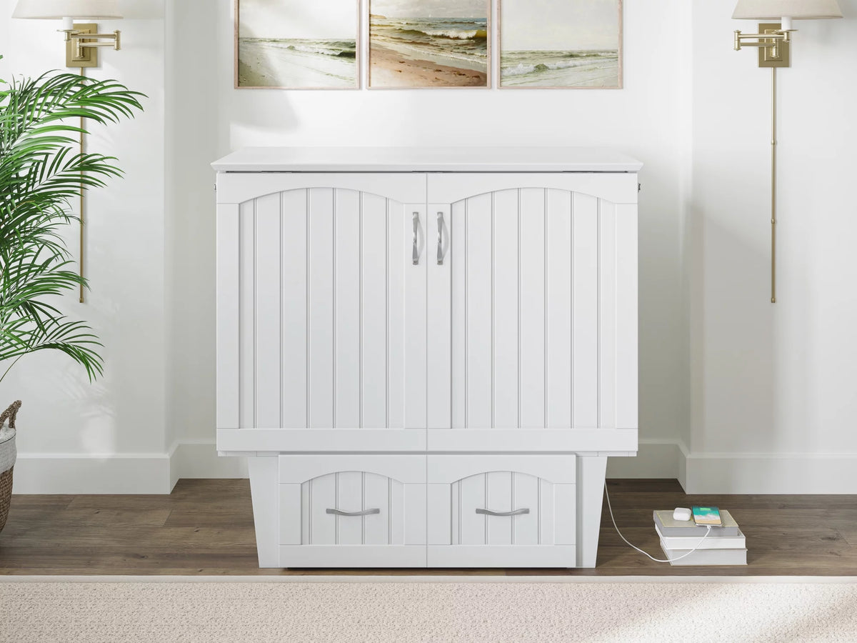 White Twin Solid Wood Murphy Bed Chest with Mattress F28062