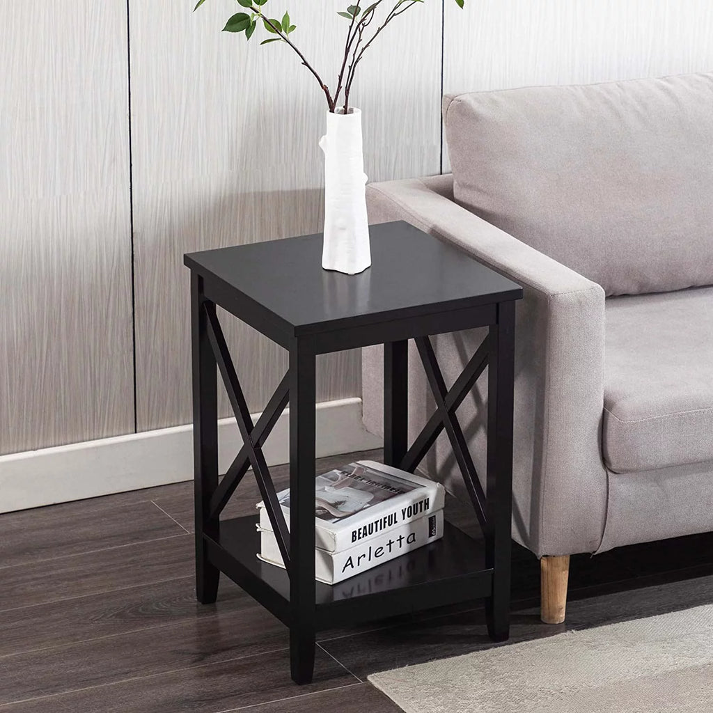 Black 2-Tier Wood End Table with Storage M323109