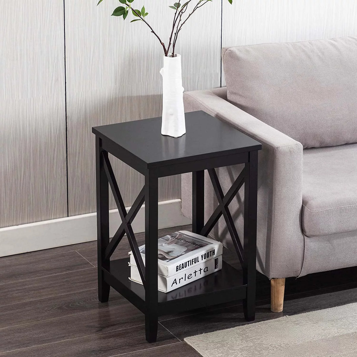 Black 2-Tier Wood End Table with Storage M323109