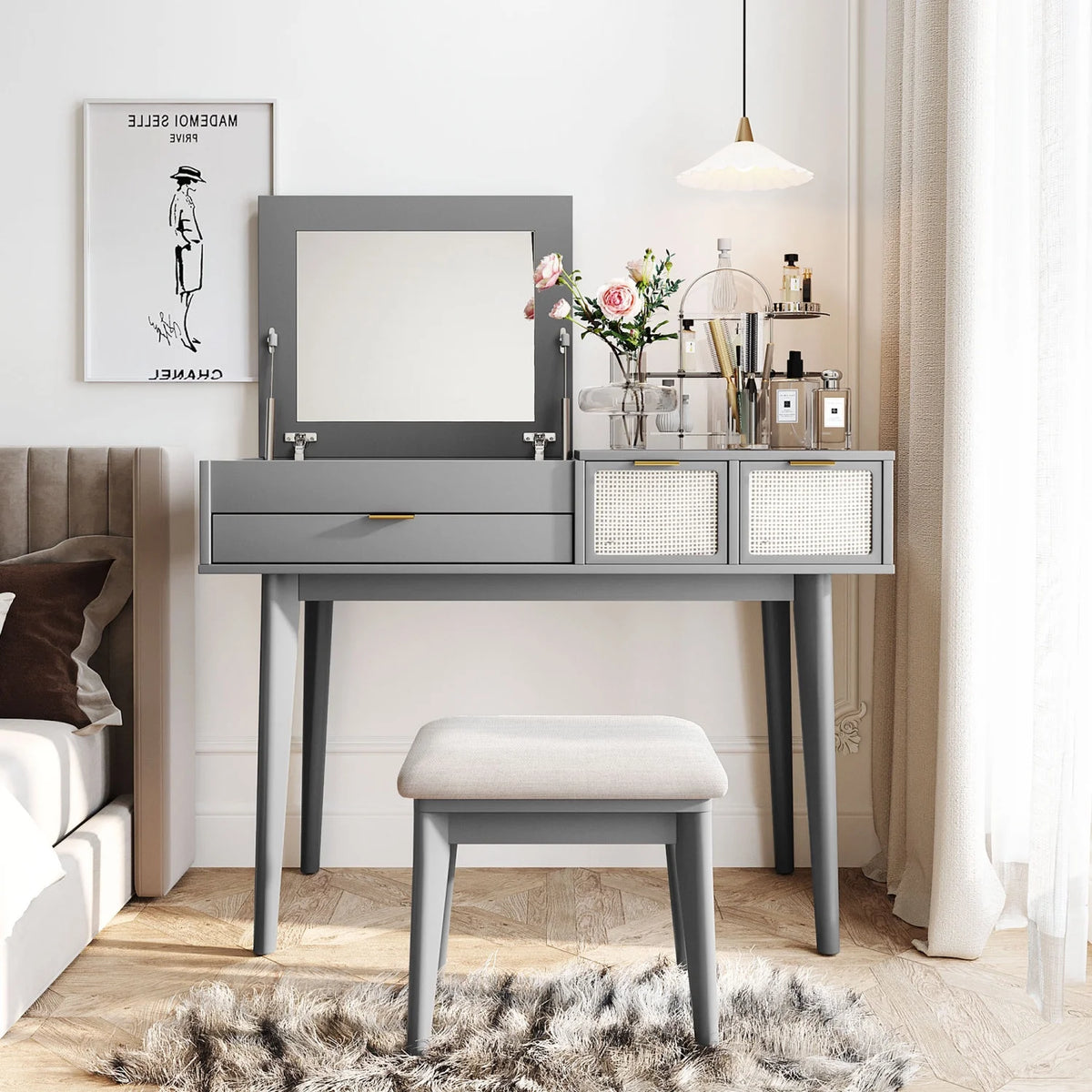 Gray Wood Vanity Table and Stool Set with 3 Drawer M72735