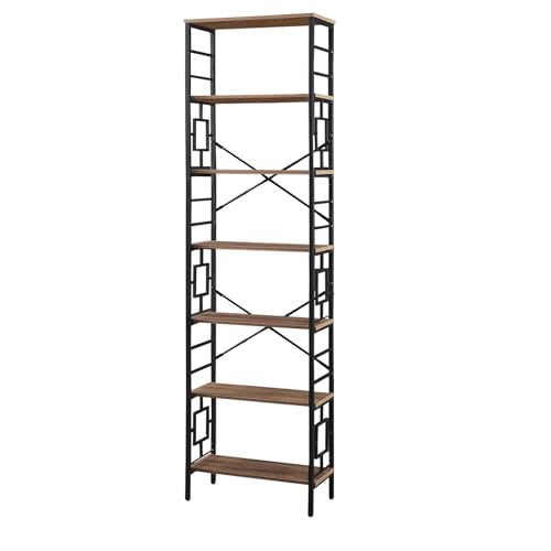 84 Inch 7 Tier Brown Bookshelf with Metal Frame and Open Shelves D55805