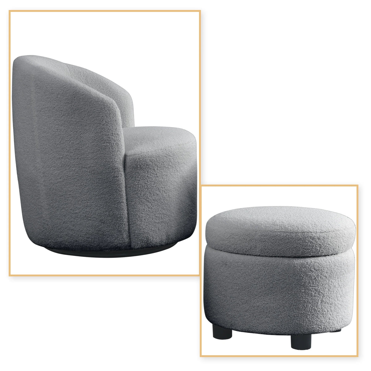 Grey Teddy Fabric Upholstered Swivel Barrel Chair with Storage Ottoman J497