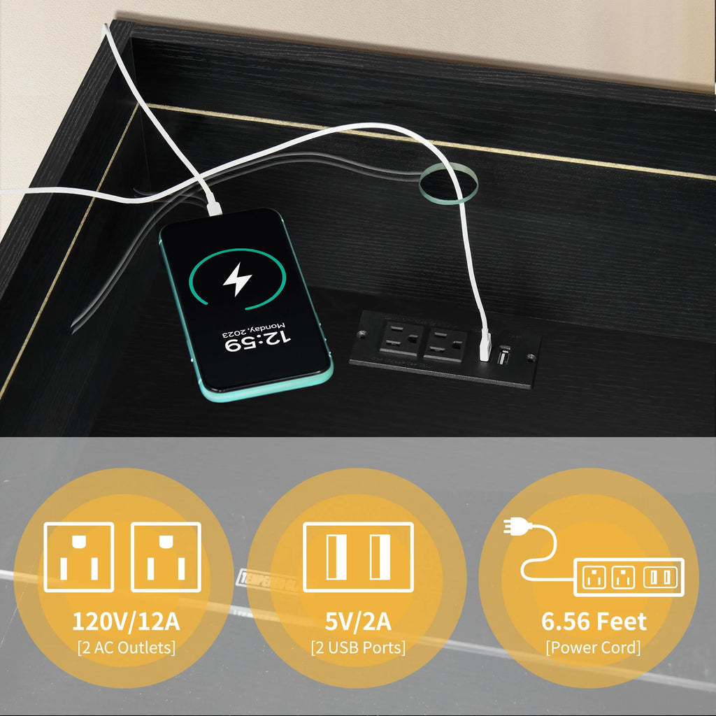 Black LED Nightstand with Charging Station R716