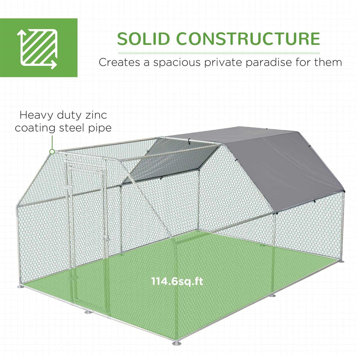 Galvanized Metal Chicken Coop with Cover Walk-In Pen Run T52353