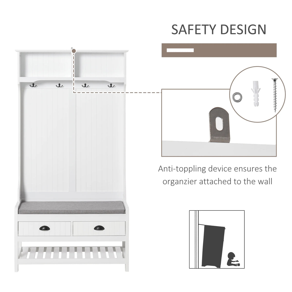 White Coat Rack and Bench with 4 Hooks, 2 Drawers S5589