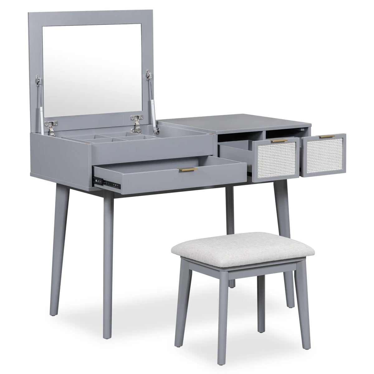 Gray Wood Vanity Table and Stool Set with 3 Drawer M72735