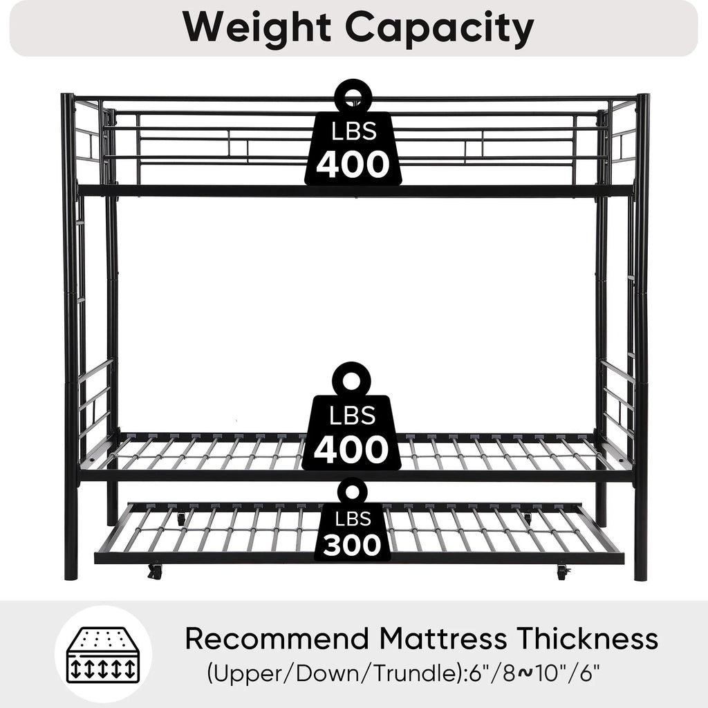 Black Twin Over Twin Metal Bunk Bed with Trundle and Safety Rails V8937