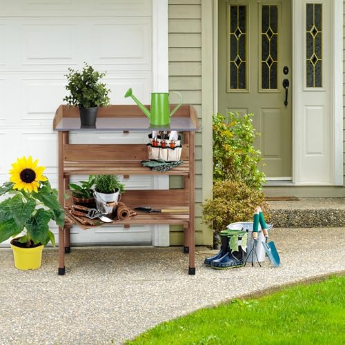 Brown Wooden Potting Bench Table with Storage Shelf E3894