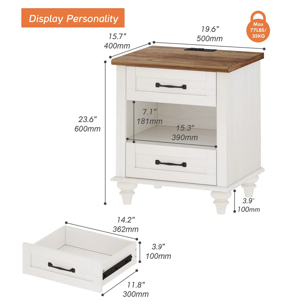 White and Oak 2 Drawer Nightstand with Charging Station W24626