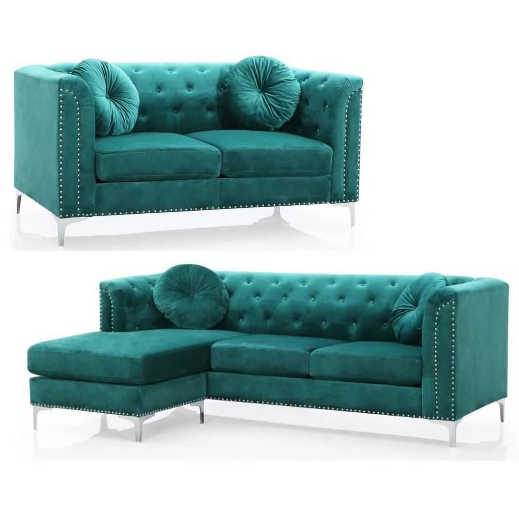 Velvet Sofa Chaise and Loveseat 2-Piece Set in Green C652258