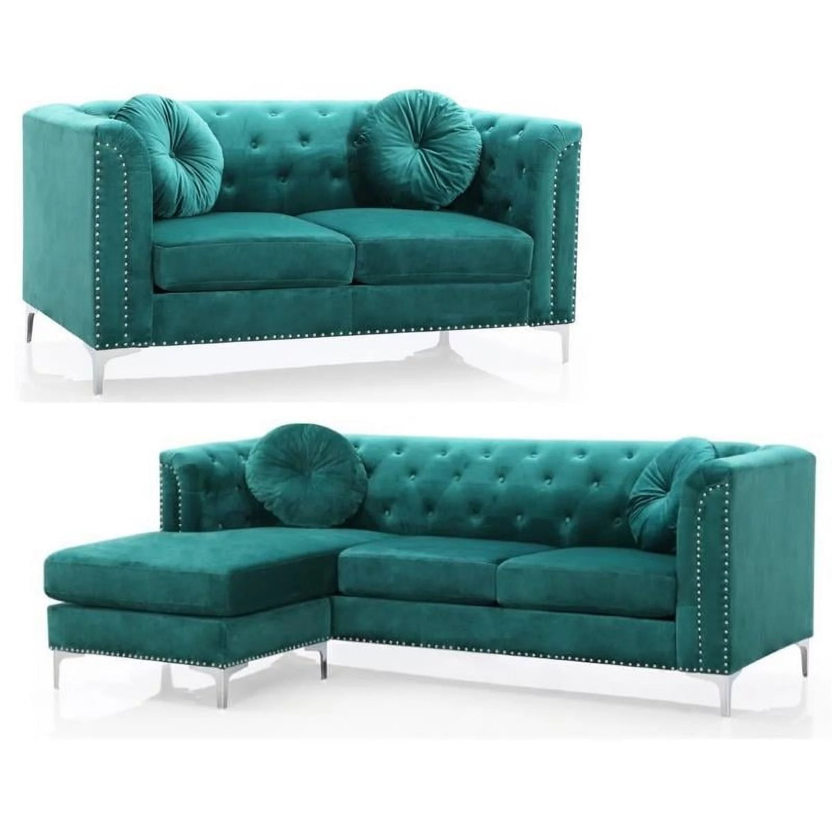 Velvet Sofa Chaise and Loveseat 2-Piece Set in Green C652258