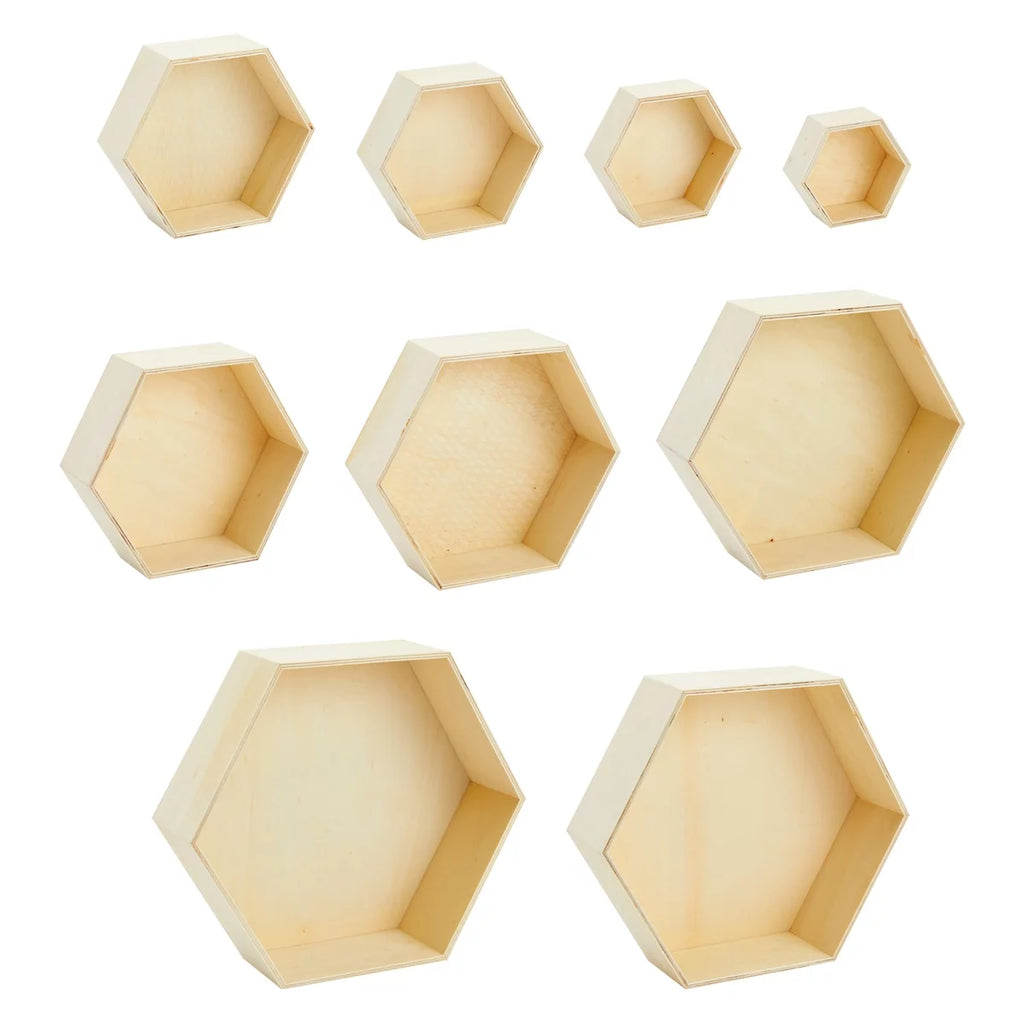 Set of 9 Unfinished Wooden Hexagon Shelves R3993
