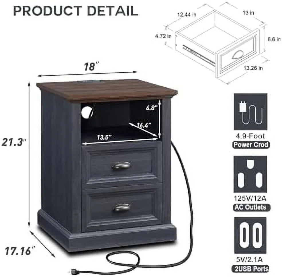 Dark Grey 2 Drawer Wood Nightstand with Charging Station F3279