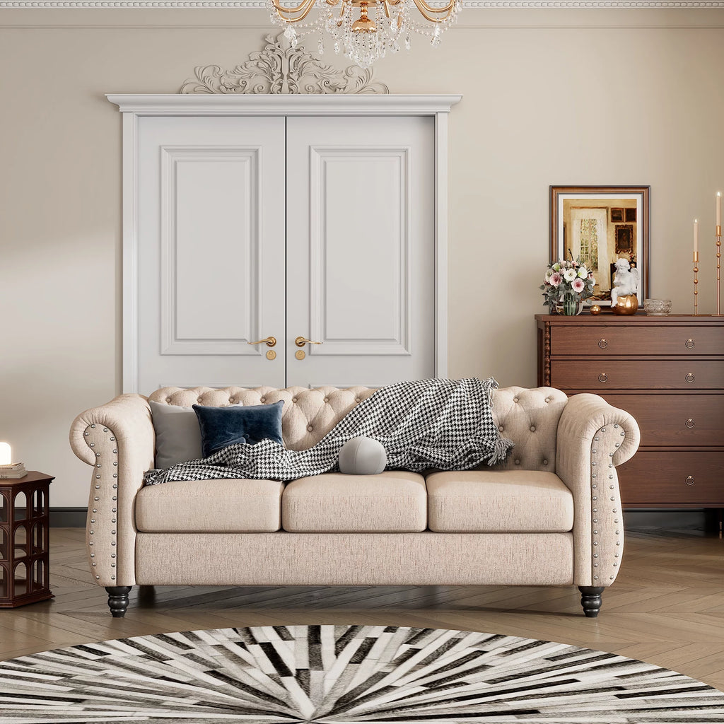 3 Seater Button Tufted Upholstered Sofa with Rolled Arms R51445