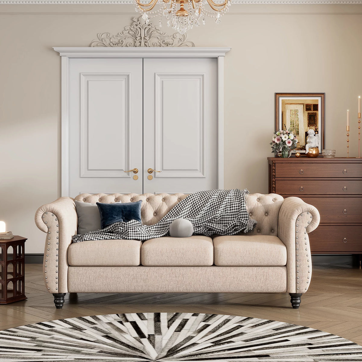 3 Seater Button Tufted Upholstered Sofa with Rolled Arms R51445