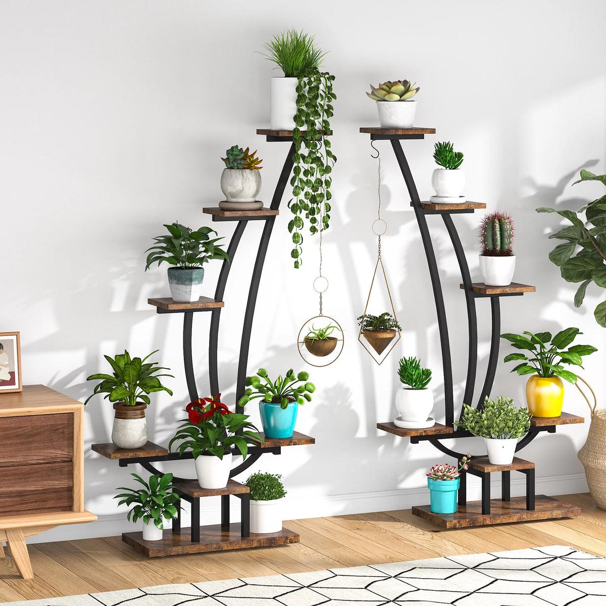 Brown Wood 6-Tier Plant Stand with Hooks J4404