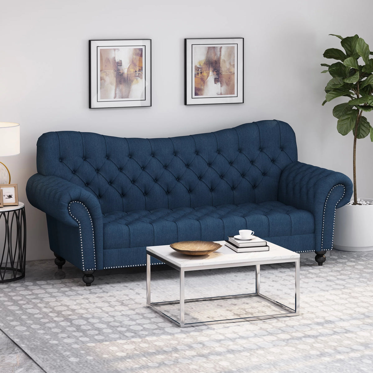 Navy Blue and Dark Brown 3 Seater Fabric Sofa Y7381