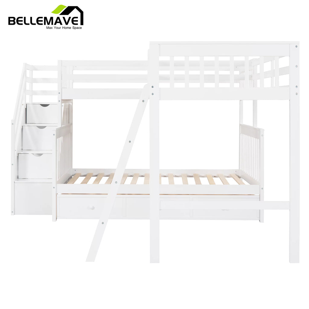L-Shaped Twin over Full Size Bunk Beds with Storage Stairs and Drawers O4720