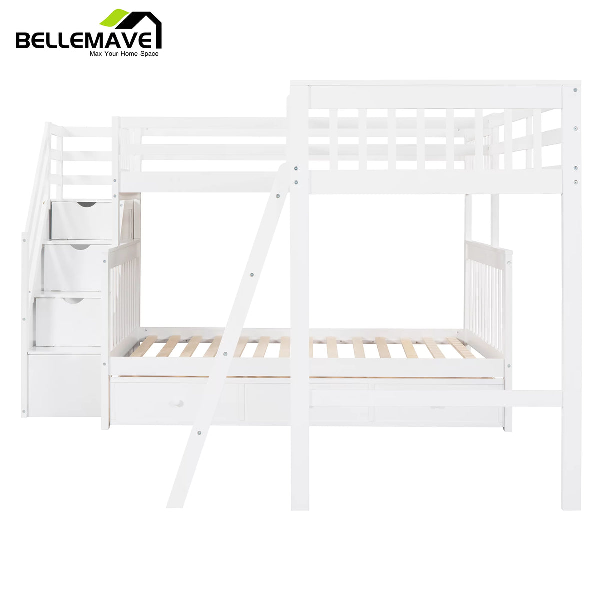 L-Shaped Twin over Full Size Bunk Beds with Storage Stairs and Drawers O4720