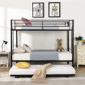 Black Twin Over Twin Metal Bunk Bed with Trundle and Safety Rails V8937